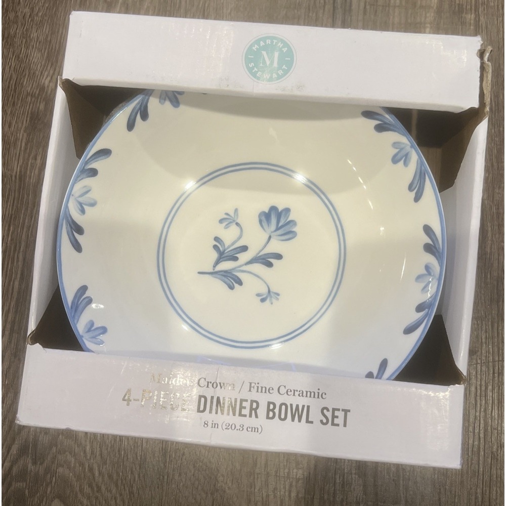 4pc MARTHA STEWART DINNER SALAD BOWLS Maiden Crown Ceramic Blue 8" Floral Dish